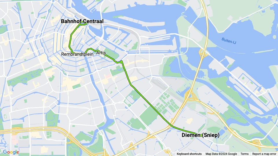 Amsterdam Straßenbahnlinie 9: Bahnhof Centraal - Diemen (Sniep) Linienkarte