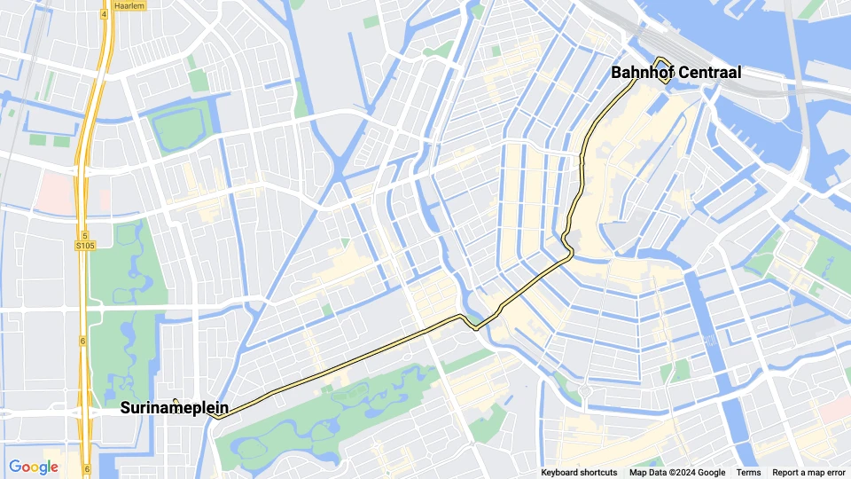 Amsterdam Zusätzliche Linie 11: Bahnhof Centraal - Surinameplein Linienkarte