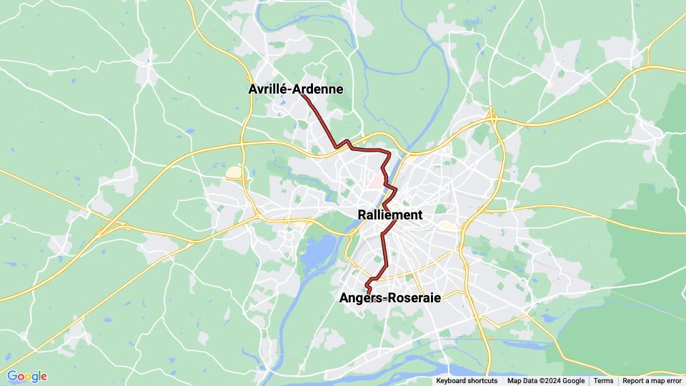 Angers Straßenbahnlinie A: Angers-Roseraie - Avrillé-Ardenne Linienkarte