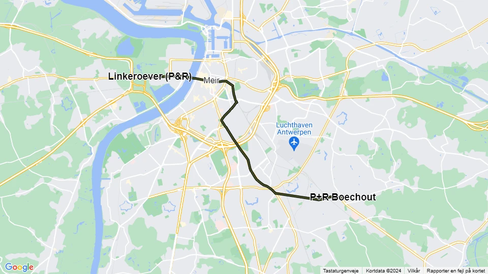 Antwerpen Straßenbahnlinie 15: Linkeroever (P&R) - P+R Boechout Linienkarte