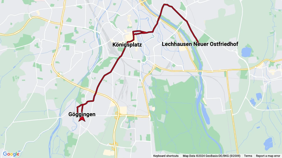 Augsburg Straßenbahnlinie 1: Lechhausen Neuer Ostfriedhof - Göggingen Linienkarte