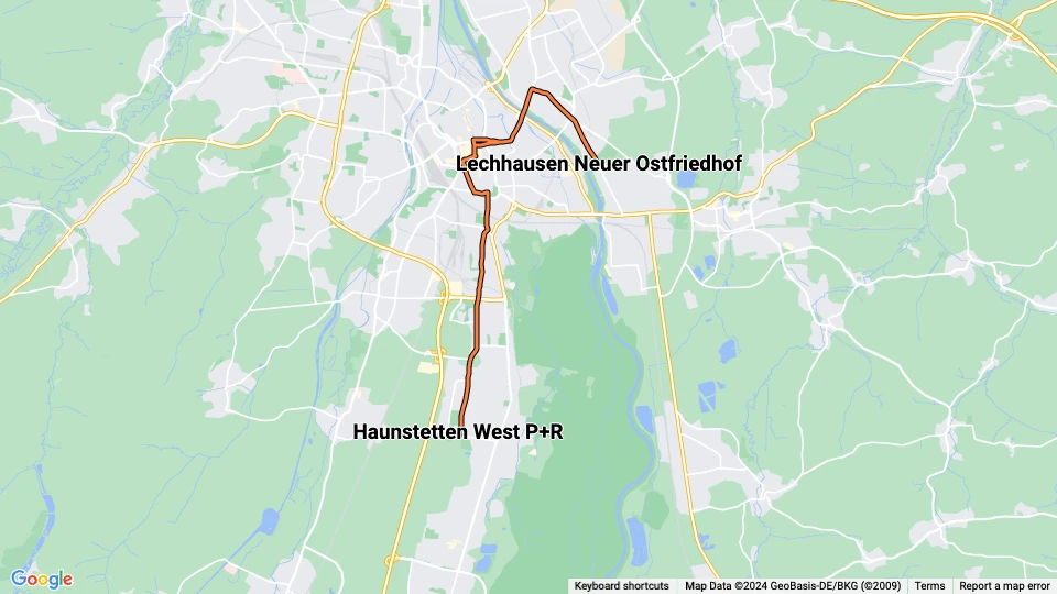 Augsburg Straßenbahnlinie 13: Lechhausen Neuer Ostfriedhof - Haunstetten West P+R Linienkarte