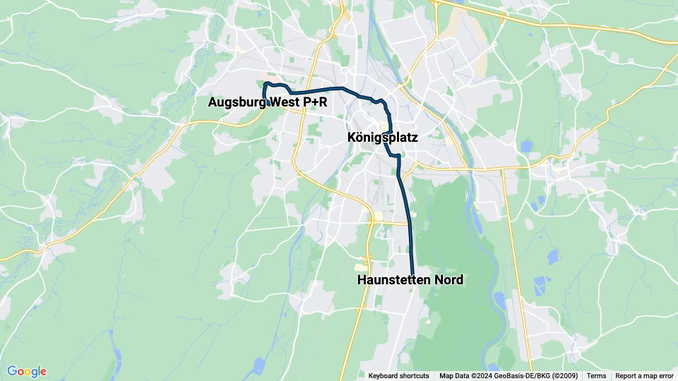Augsburg Straßenbahnlinie 2: Haunstetten Nord - Augsburg West P+R Linienkarte