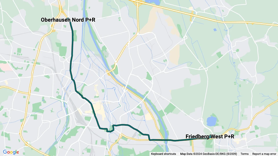 Augsburg Straßenbahnlinie 64: Friedberg West P+R - Oberhausen Nord P+R Linienkarte