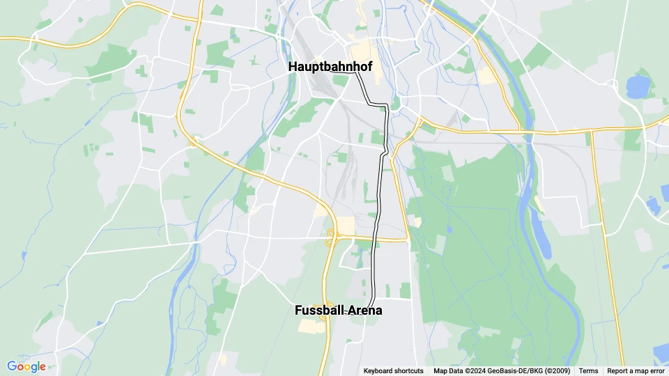 Augsburg Veranstaltungslinie 8: Hauptbahnhof - Fussball Arena Linienkarte