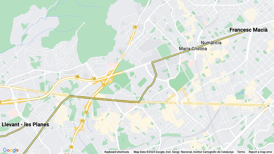 Barcelona Straßenbahnlinie T2: Francesc Macià - Llevant - les Planes Linienkarte