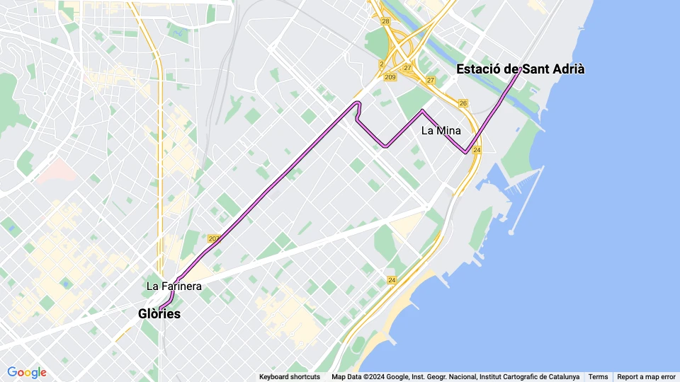 Barcelona Straßenbahnlinie T6: Estació de Sant Adrià - Glòries Linienkarte