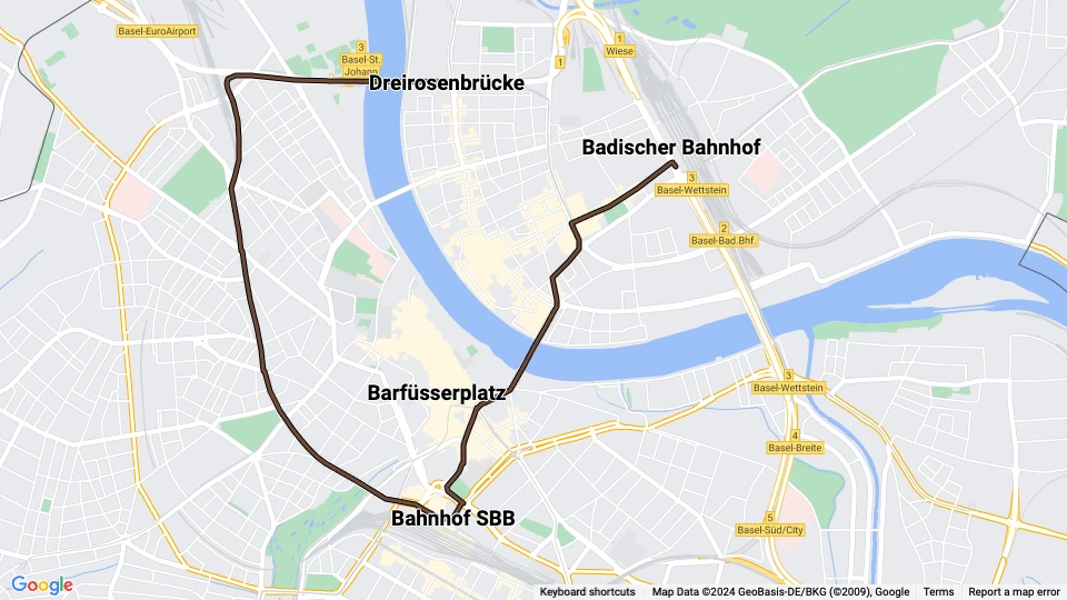 Basel Straßenbahnlinie 1: Dreirosenbrücke - Badischer Bahnhof Linienkarte