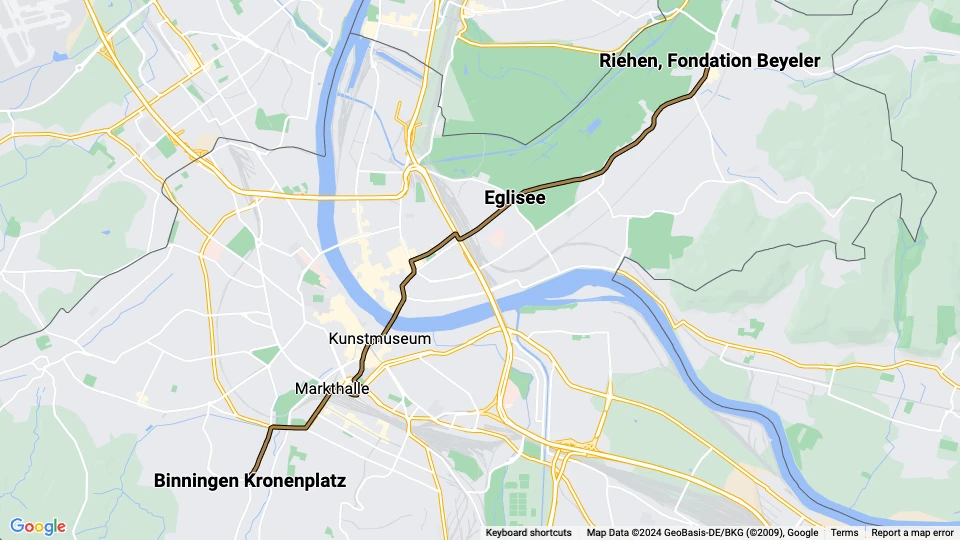 Basel Straßenbahnlinie 2: Binningen Kronenplatz - Riehen, Fondation Beyeler Linienkarte