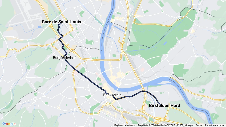 Basel Straßenbahnlinie 3: Birsfelden Hard - Gare de Saint-Louis Linienkarte