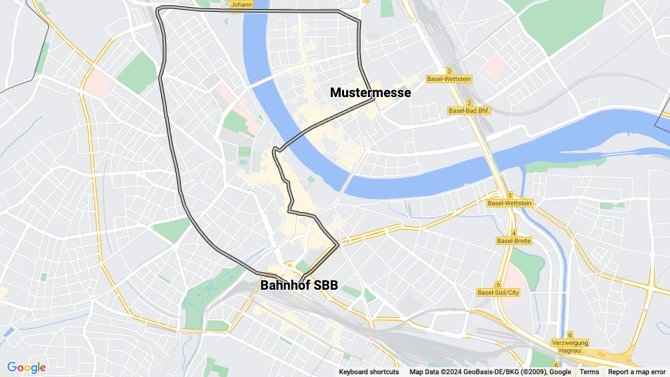 Basel Straßenbahnlinie 4: Bahnhof SBB - Mustermesse Linienkarte