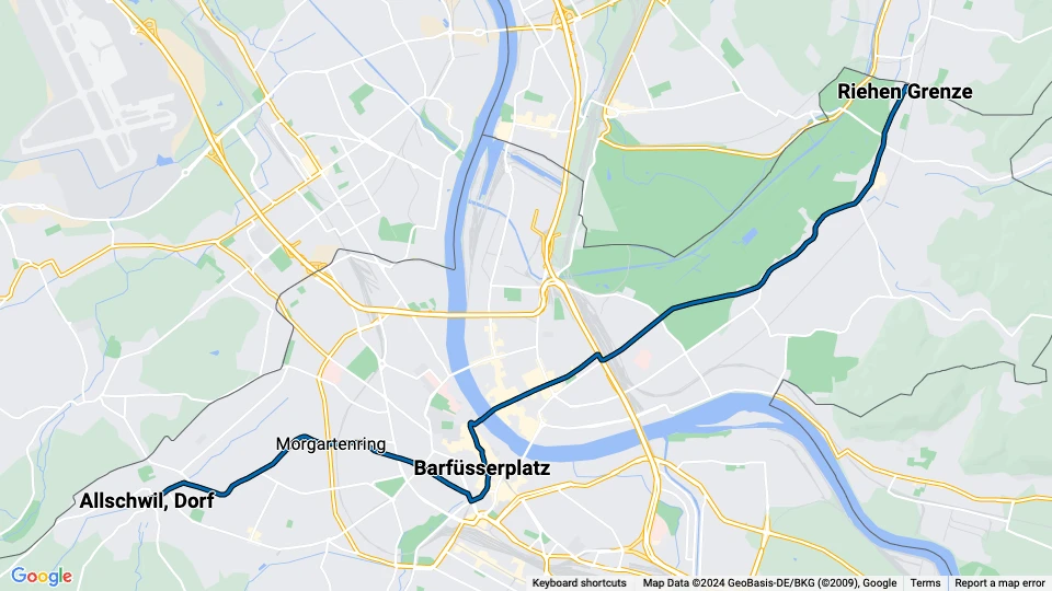 Basel Straßenbahnlinie 6: Allschwil, Dorf - Riehen Grenze Linienkarte