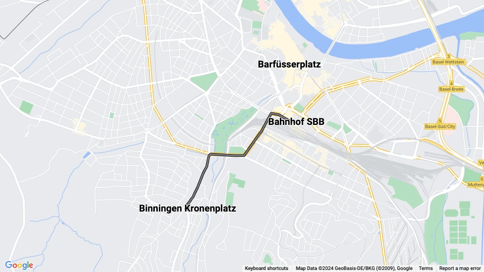 Basel Straßenbahnlinie 7: Bahnhof SBB - Binningen Kronenplatz Linienkarte