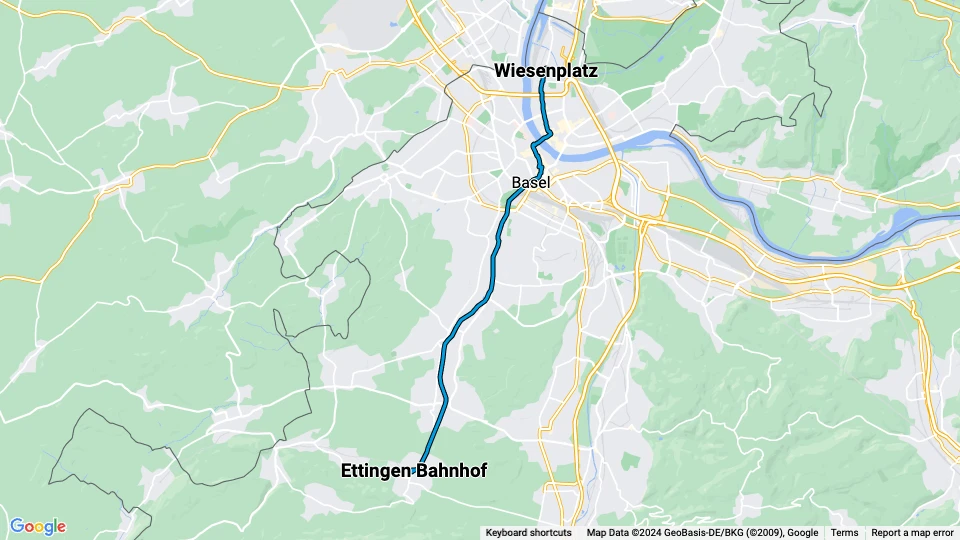 Basel Zusätzliche Linie 17: Ettingen Bahnhof - Wiesenplatz Linienkarte