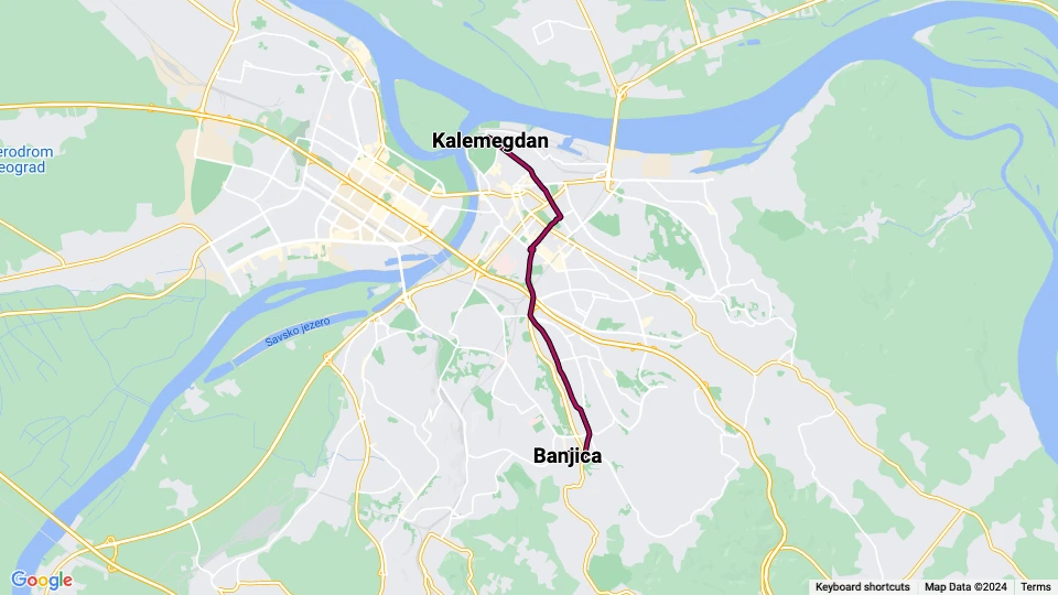 Beograd Straßenbahnlinie 10: Banjica - Kalemegdan Linienkarte