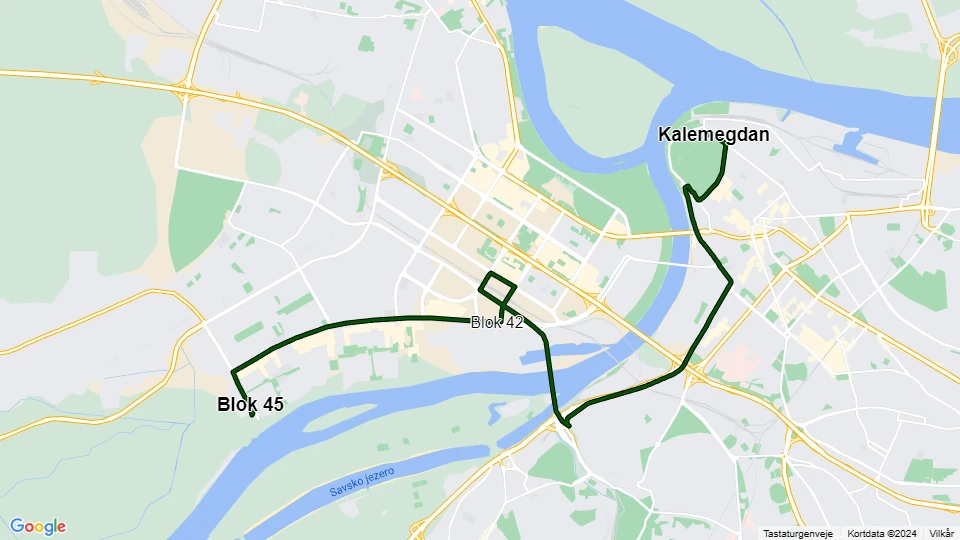 Beograd Straßenbahnlinie 11: Blok 45 - Kalemegdan Linienkarte