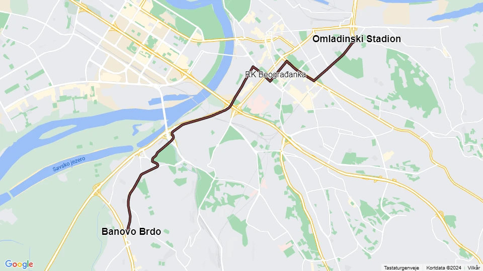 Beograd Straßenbahnlinie 12: Omladinski Stadion - Banovo Brdo Linienkarte