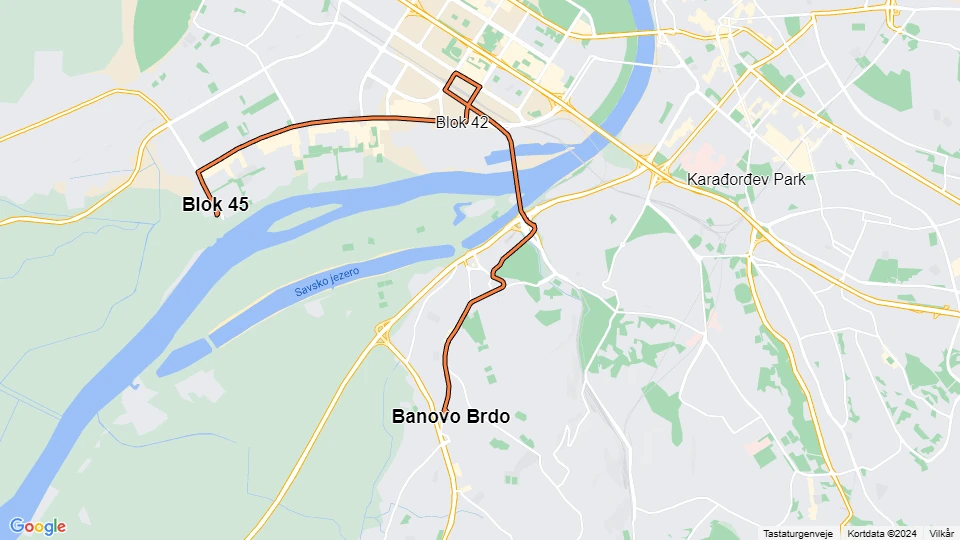 Beograd Straßenbahnlinie 13: Blok 45 - Banovo Brdo Linienkarte