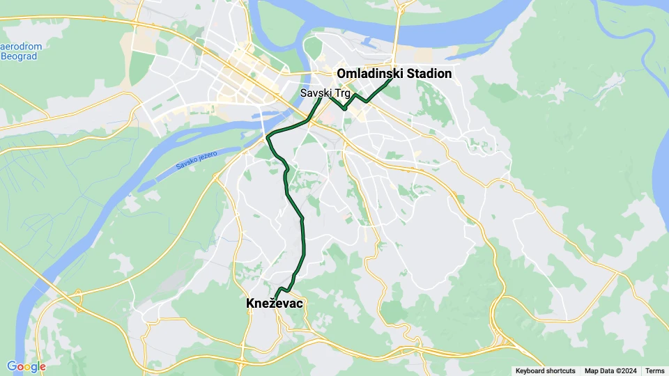 Beograd Straßenbahnlinie 3: Kneževac - Omladinski Stadion Linienkarte