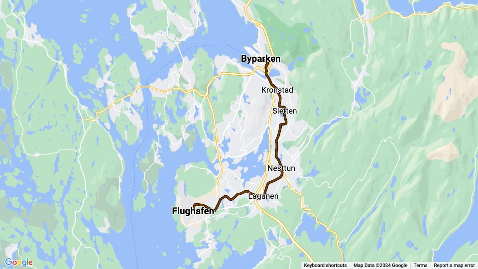 Bergen Straßenbahnlinie 1 (Bybanen): Byparken - Flughafen Linienkarte