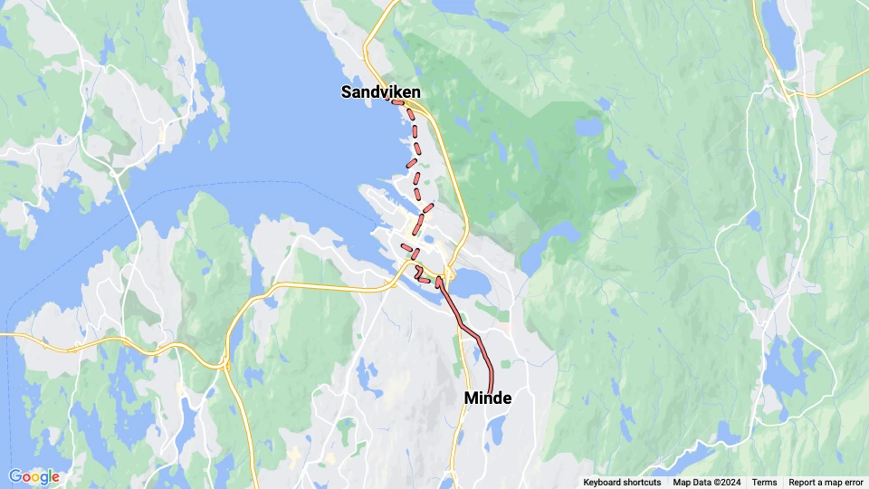 Bergen Straßenbahnlinie 1: Minde - Sandviken Linienkarte