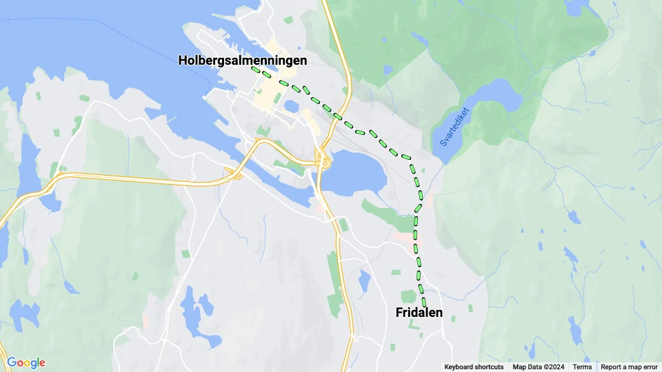 Bergen Straßenbahnlinie 2: Fridalen - Holbergsalmenningen Linienkarte