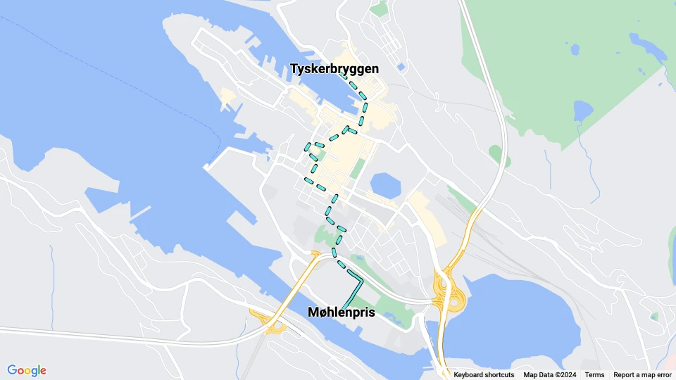 Bergen Straßenbahnlinie 3: Møhlenpris - Tyskerbryggen Linienkarte