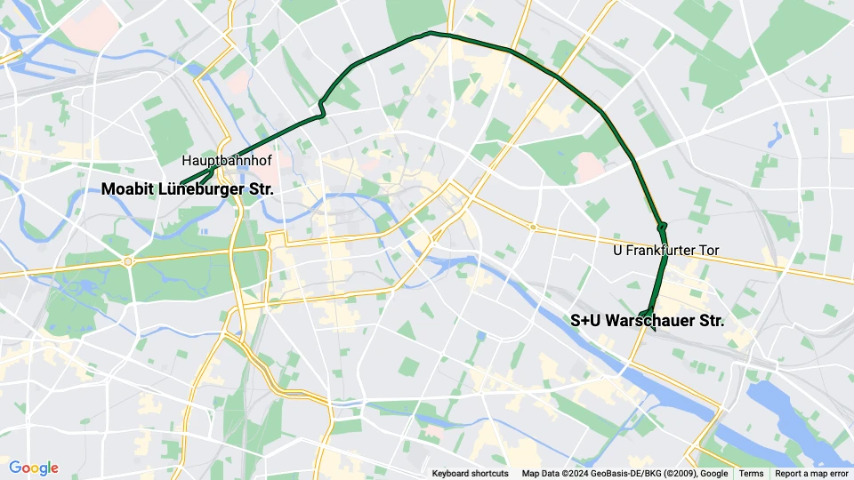 Berlin Schnelllinie M10: Moabit Lüneburger Str. - S+U Warschauer Str. Linienkarte