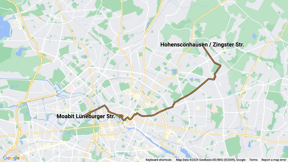 Berlin Schnelllinie M5: Hohenscönhausen / Zingster Str. - Moabit Lüneburger Str. Linienkarte