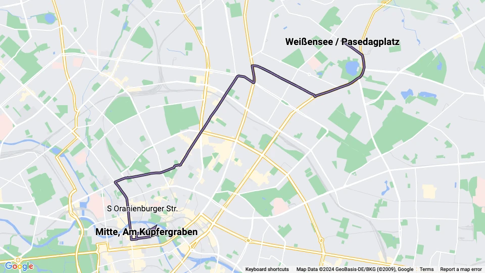 Berlin Straßenbahnlinie 12: Mitte, Am Kupfergraben - Weißensee / Pasedagplatz Linienkarte