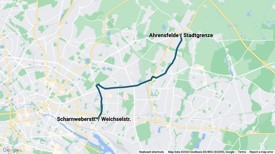 Berlin Straßenbahnlinie 16: Ahrensfelde / Stadtgrenze - Scharnweberstr. / Weichselstr. Linienkarte