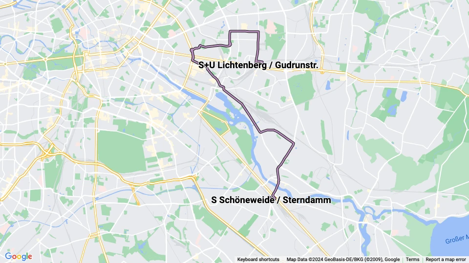 Berlin Straßenbahnlinie 21: S+U Lichtenberg / Gudrunstr. - S Schöneweide / Sterndamm Linienkarte