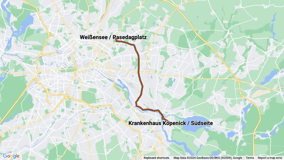 Berlin Straßenbahnlinie 27: Weißensee / Pasedagplatz - Krankenhaus Köpenick / Südseite Linienkarte