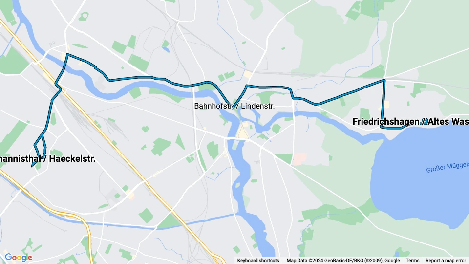 Berlin Straßenbahnlinie 60: Johannisthal / Haeckelstr. - Friedrichshagen / Altes Wasserwerk Linienkarte