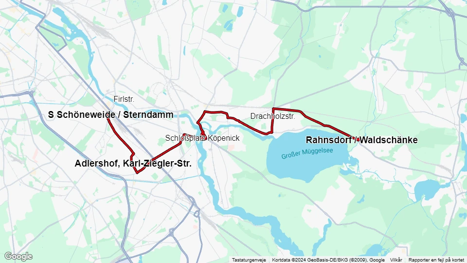 Berlin Straßenbahnlinie 61: S Schöneweide / Sterndamm - Rahnsdorf / Waldschänke Linienkarte