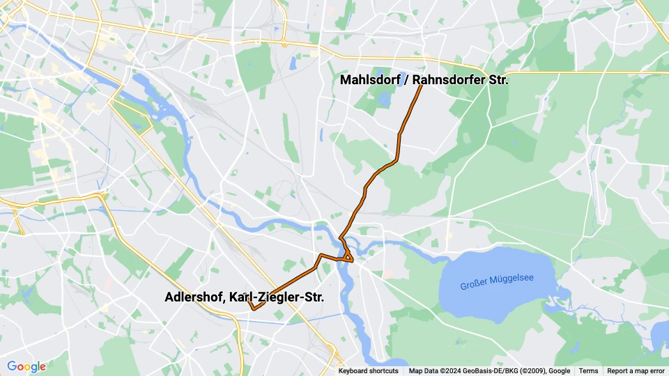 Berlin Straßenbahnlinie 63: Adlershof, Karl-Ziegler-Str. - Mahlsdorf / Rahnsdorfer Str. Linienkarte