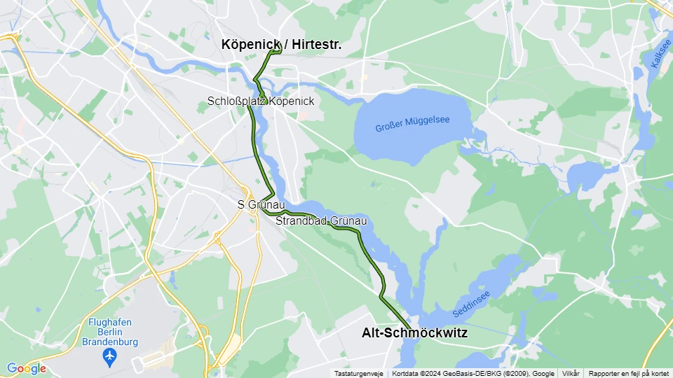 Berlin Straßenbahnlinie 68: Köpenick / Hirtestr. - Alt-Schmöckwitz Linienkarte