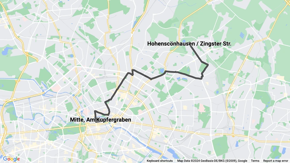 Berlin Straßenbahnlinie 70: Mitte, Am Kupfergraben - Hohenscönhausen / Zingster Str. Linienkarte