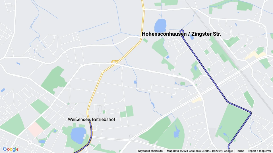 Berlin Straßenbahnlinie 74: Hohenscönhausen / Zingster Str. - Weißensee, Betriebshof Linienkarte