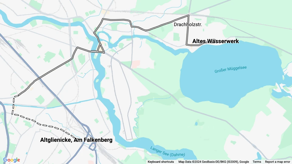 Berlin Straßenbahnlinie 84: Altes Wasserwerk - Altglienicke, Am Falkenberg Linienkarte