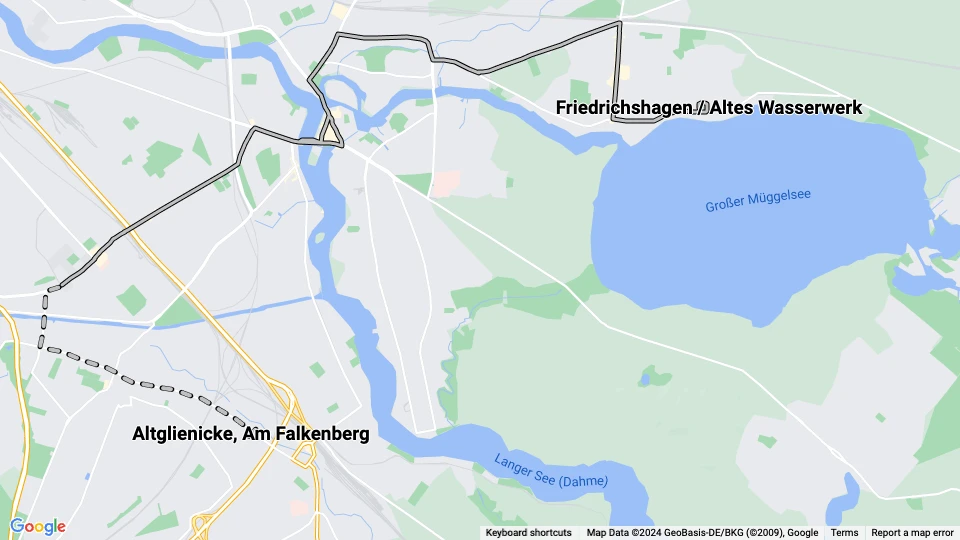 Berlin Straßenbahnlinie 84: Friedrichshagen / Altes Wasserwerk - Altglienicke, Am Falkenberg Linienkarte