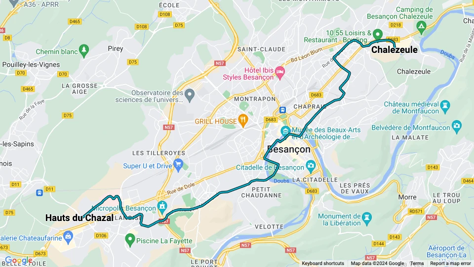 Besançon Straßenbahnlinie T1: Hauts du Chazal - Chalezeule Linienkarte