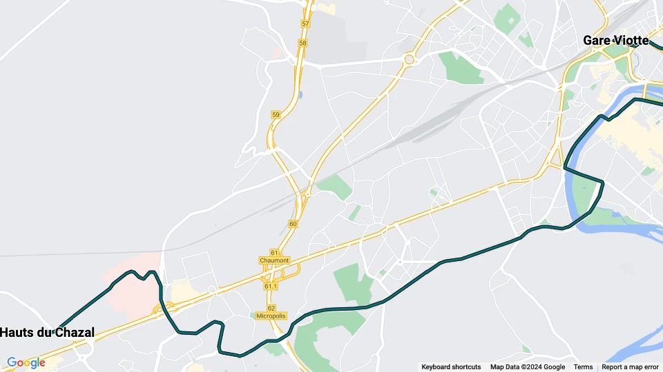 Besançon Straßenbahnlinie T2: Hauts du Chazal - Gare Viotte Linienkarte