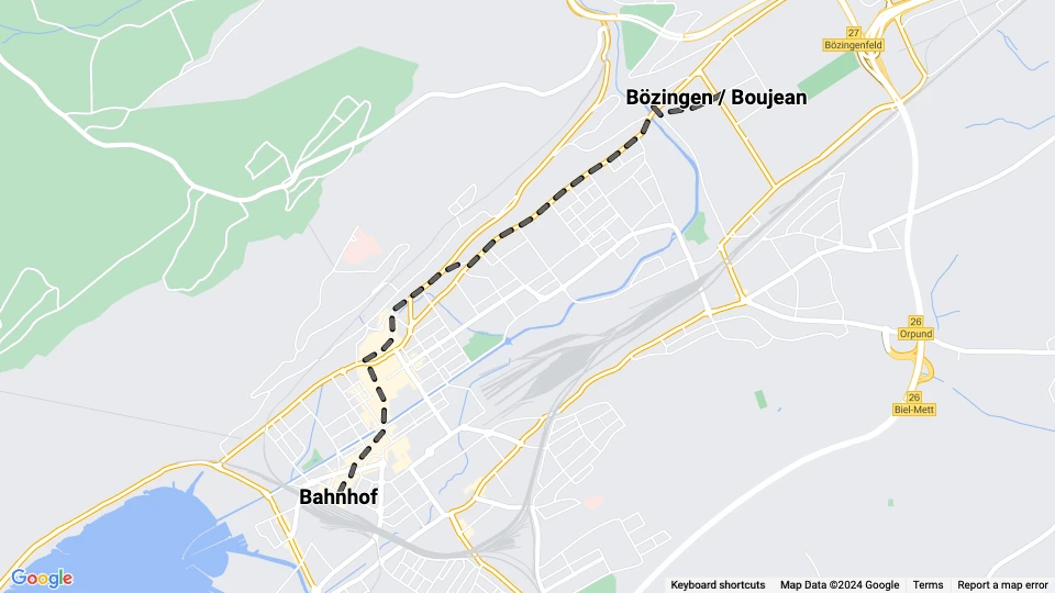 Biel/Bienne Straßenbahnlinie 1: Bahnhof - Bözingen / Boujean Linienkarte