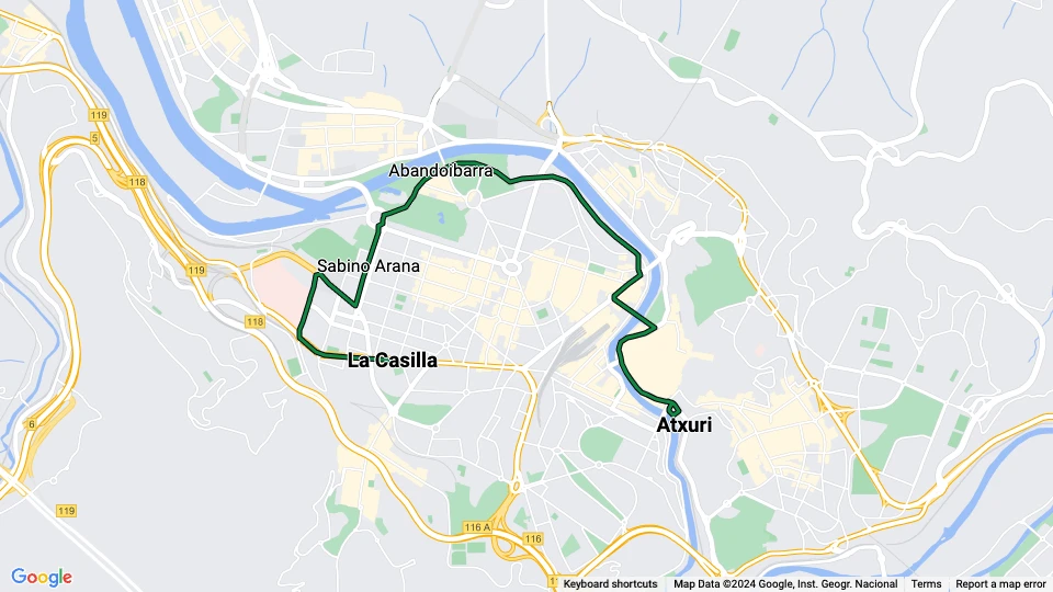 Bilbao Straßenbahnlinie A: Atxuri - La Casilla Linienkarte