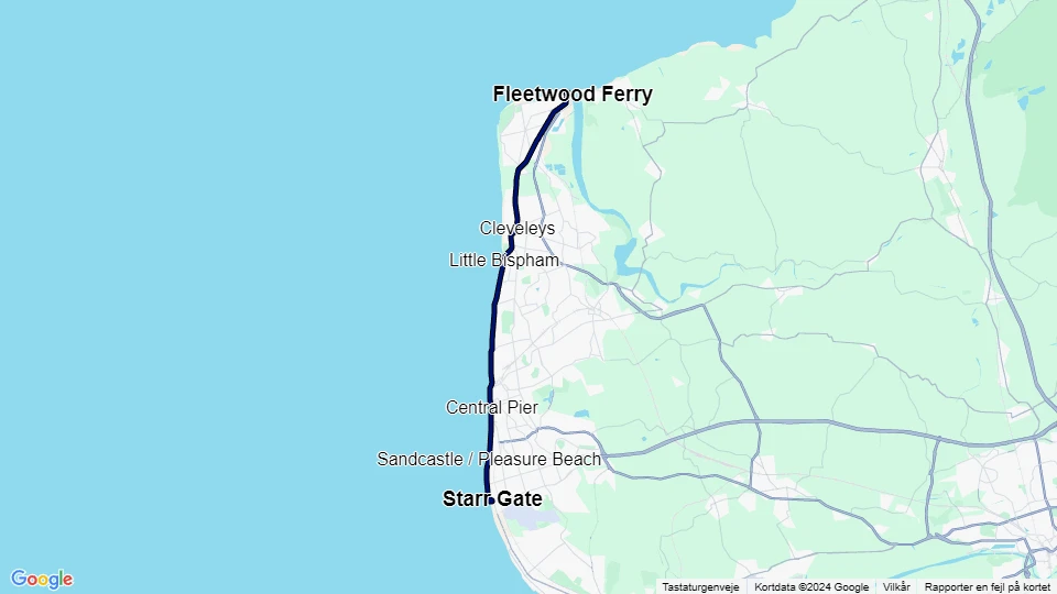 Blackpool Straßenbahnlinie T: Fleetwood Ferry - Starr Gate Linienkarte