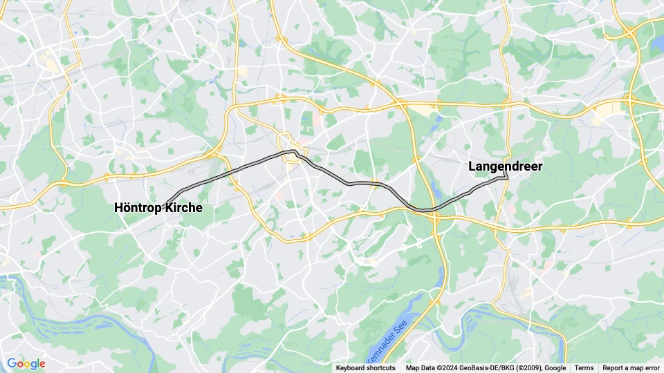 Bochum Straßenbahnlinie 305: Langendreer - Höntrop Kirche Linienkarte