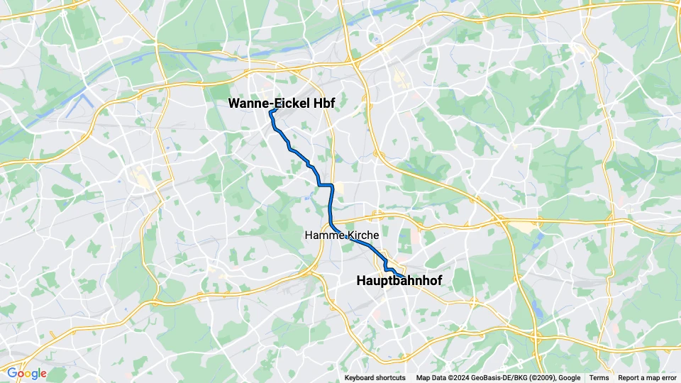 Bochum Straßenbahnlinie 306: Hauptbahnhof - Wanne-Eickel Hbf Linienkarte