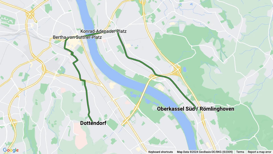 Bonn Straßenbahnlinie 62: Dottendorf - Oberkassel Süd / Römlinghoven Linienkarte