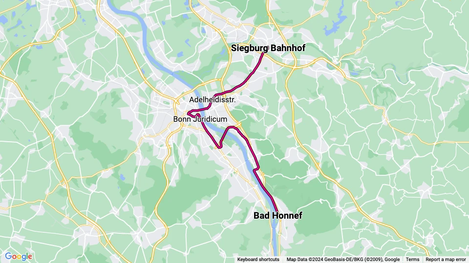 Bonn Straßenbahnlinie 66: Bad Honnef - Siegburg Bahnhof Linienkarte